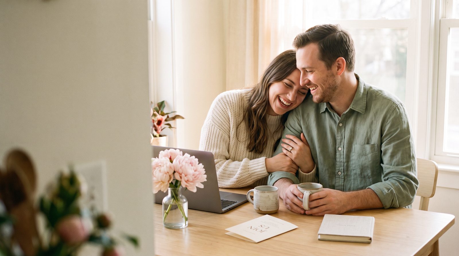 An engaged couple laughing together at their kitchen table, a laptop and peonies beside them