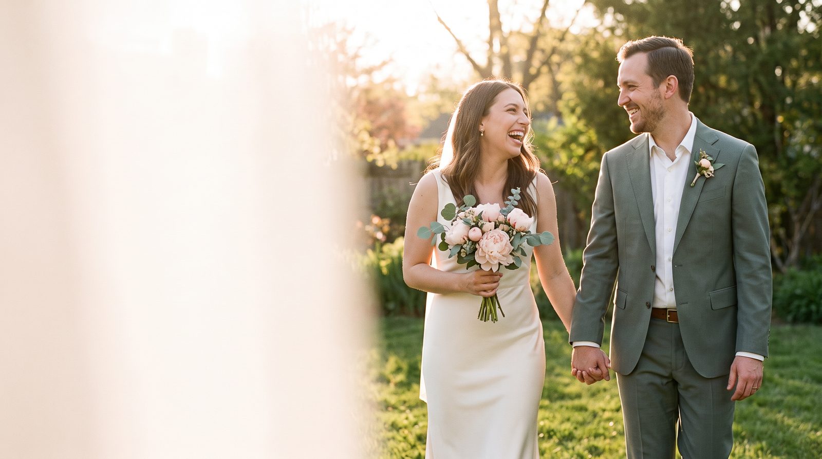 The same couple on their wedding day, walking hand in hand in a garden at golden hour