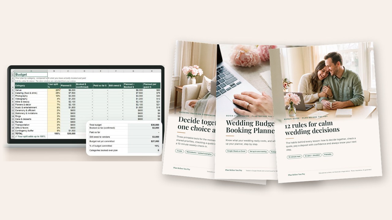 The planner open on a laptop, with the Wedding Decision Companion, the Quick-Start Guide and the bonus guide 12 Rules for Calm Wedding Decisions (sample copy with fictional data)