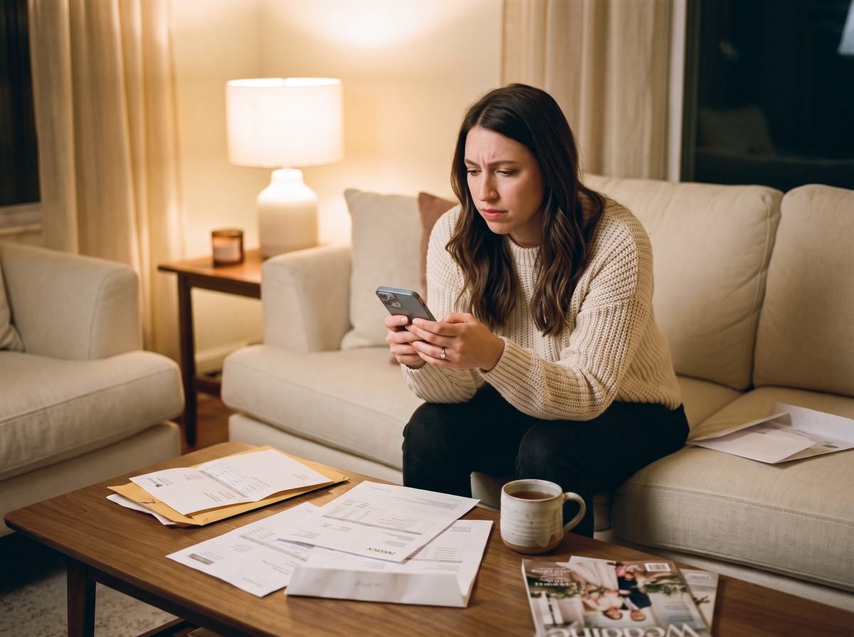 A bride-to-be on her sofa at night, looking at her phone among vendor quotes