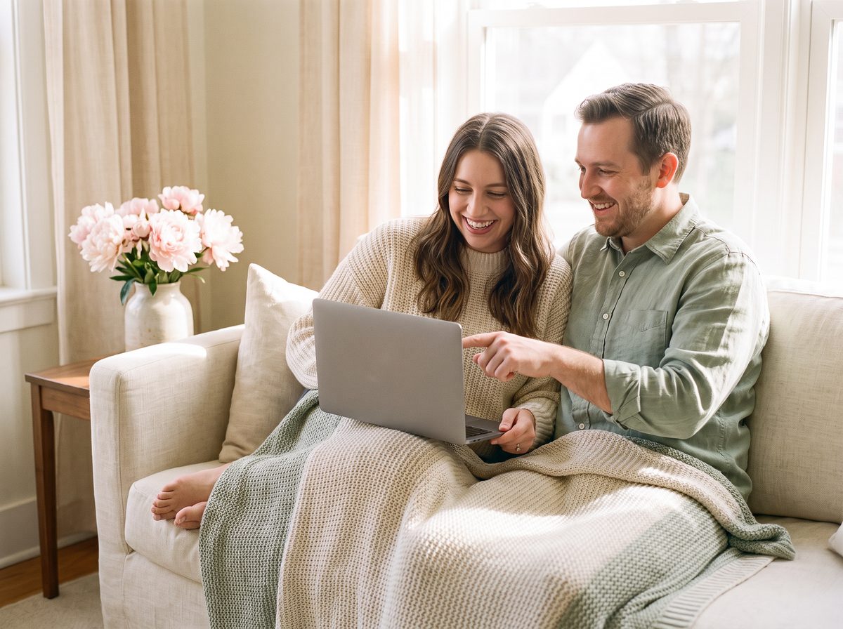 The couple relaxed on their sofa, looking at the planner on a laptop together
